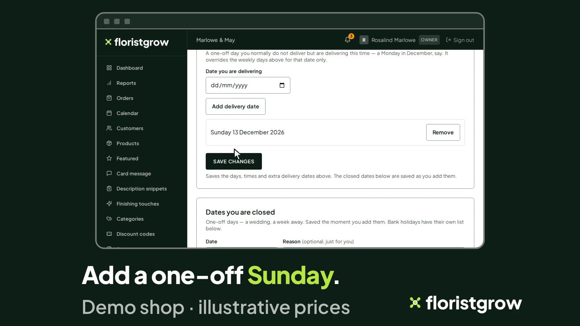 The Operations page in the portal, scrolled to the extra delivery dates: Sunday 13 December 2026 listed as a one-off delivery date with a Remove button, and a Save changes button beneath it.