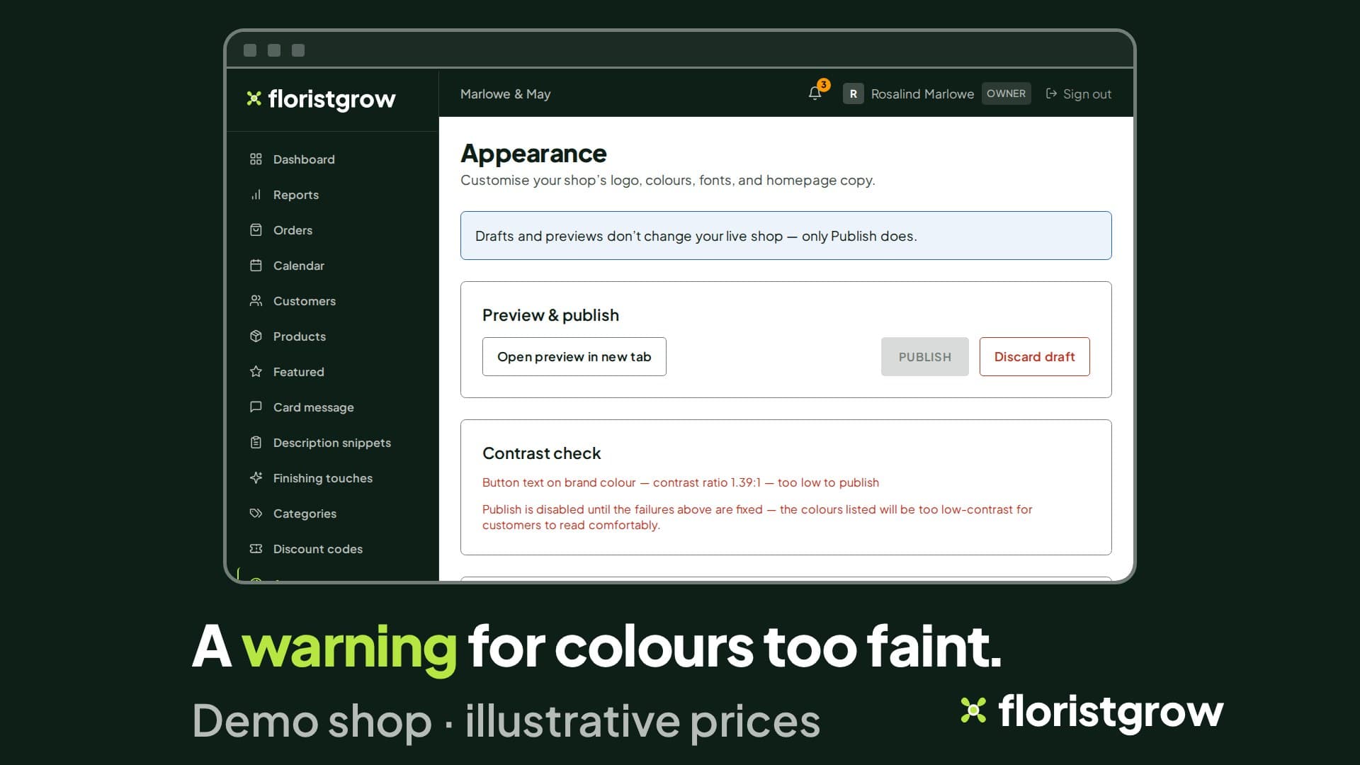 The Appearance page in the portal where the contrast check reports button text on the brand colour as too faint, and the Publish button is switched off.