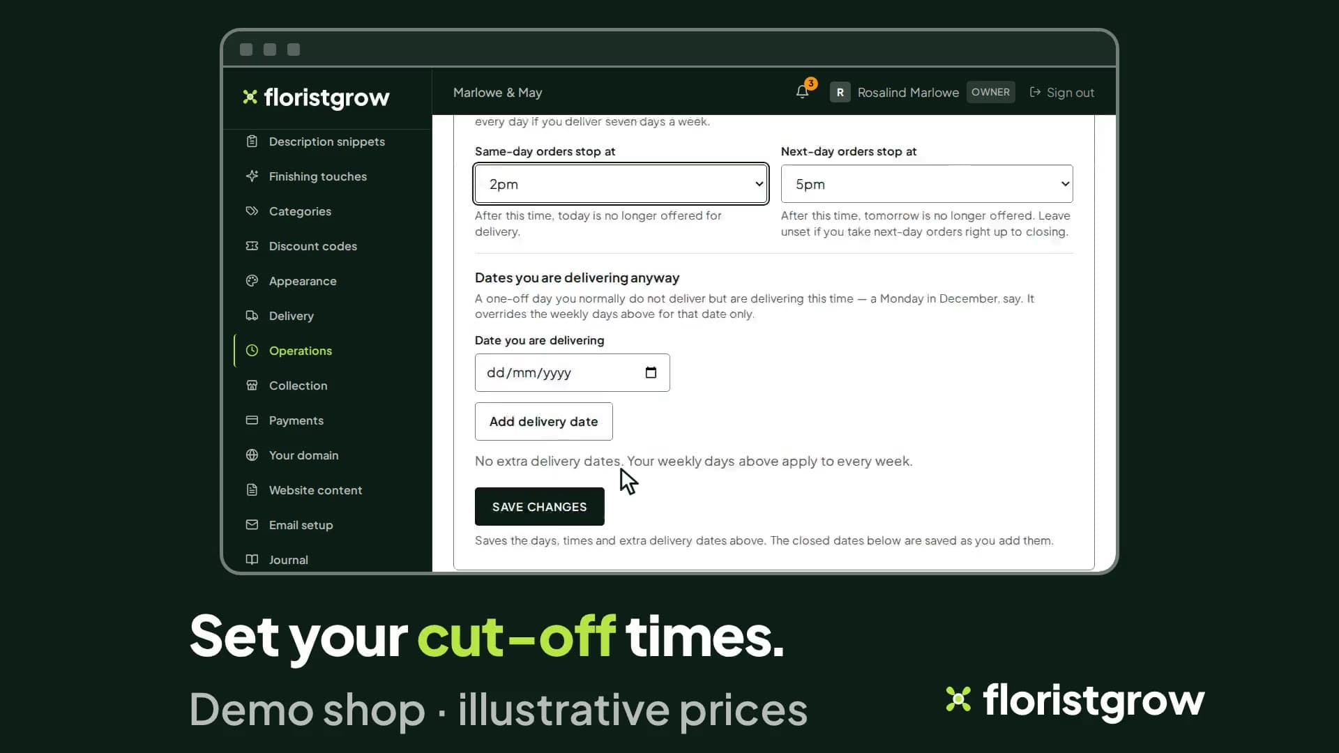 The Operations page in the portal with the same-day cut-off time being set to 2pm.