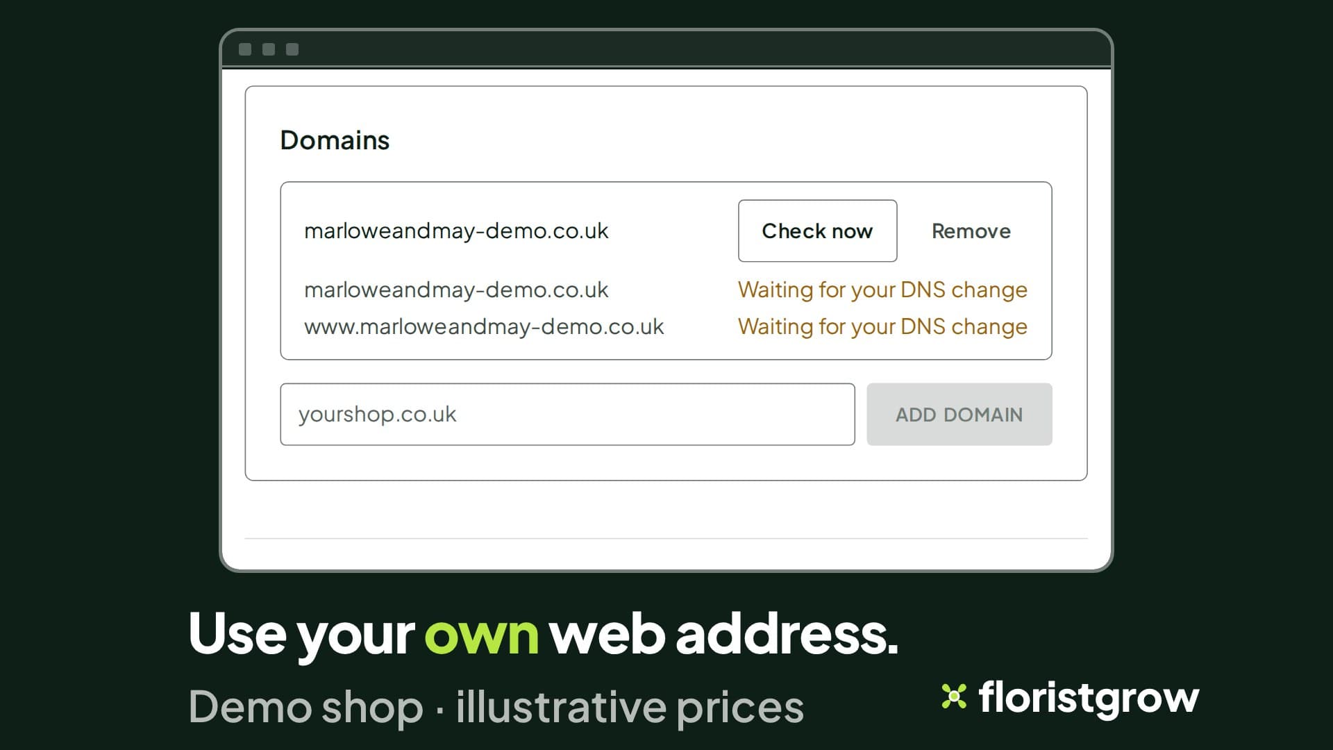 The Domains box on the Your domain page in the portal: an own address, marloweandmay-demo.co.uk, and its www version, both marked Waiting for your DNS change, with Check now and Remove buttons, and beneath them a field showing yourshop.co.uk with an Add domain button.