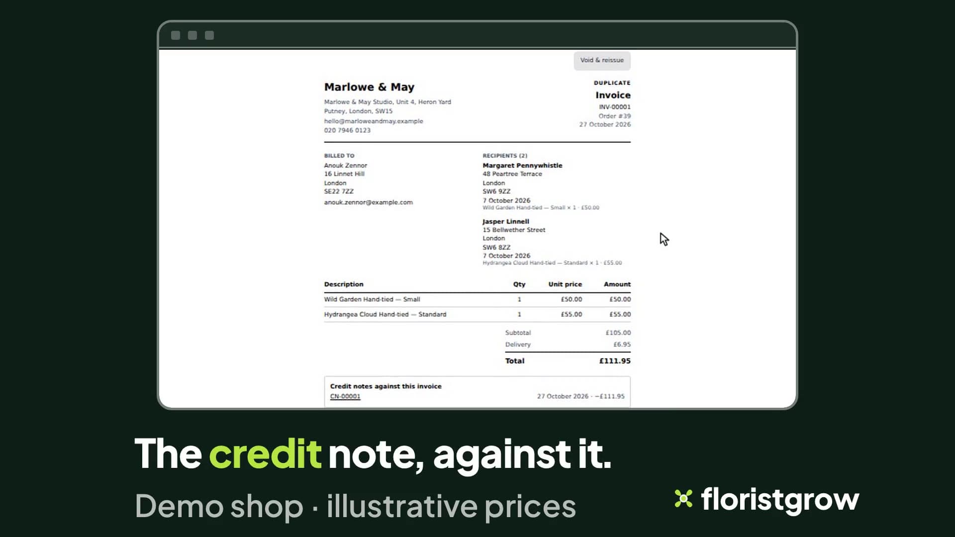 An issued invoice for Marlowe & May, number INV-00001, marked Duplicate, with its billing and recipient details, line items and total, and a box beneath the total listing the credit note CN-00001.