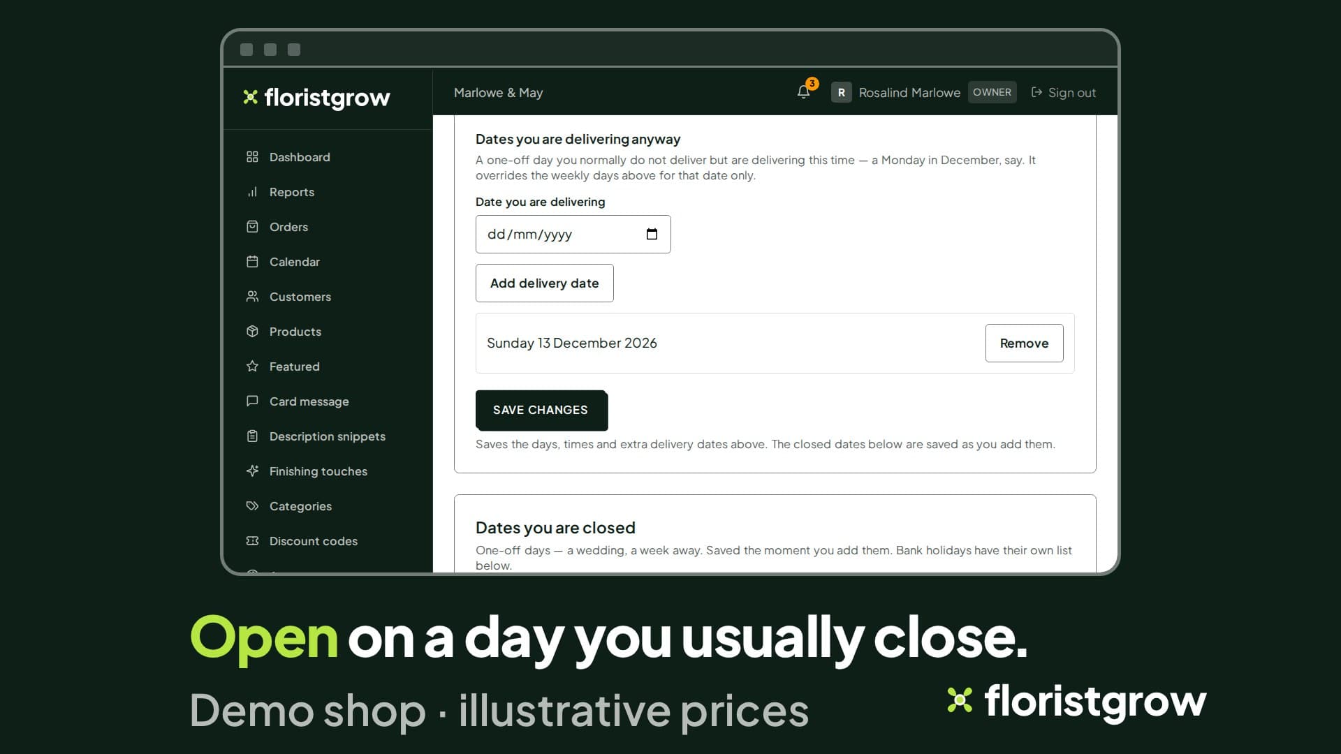 The Operations page in the portal with a one-off delivery date added, Sunday 13 December 2026, for a day the shop does not normally deliver.