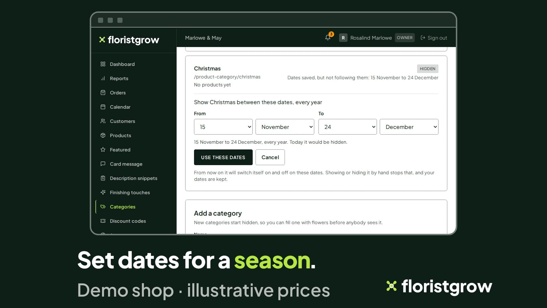 The Categories page in the portal with the dates form open on a Christmas category, set to show it from 15 November to 24 December each year.