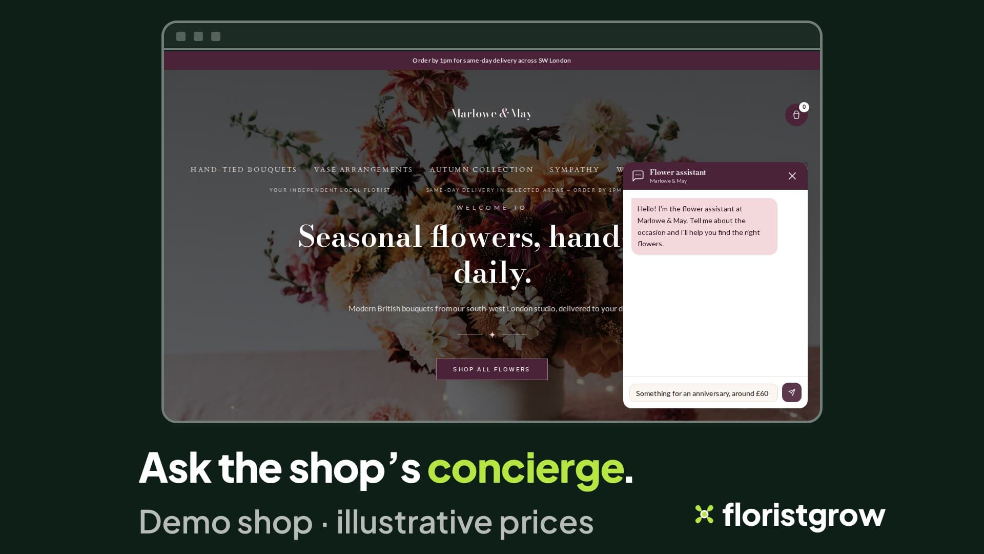 The demo shop Marlowe & May with the concierge chat open, headed Flower assistant, greeting the shopper, and a question typed in.