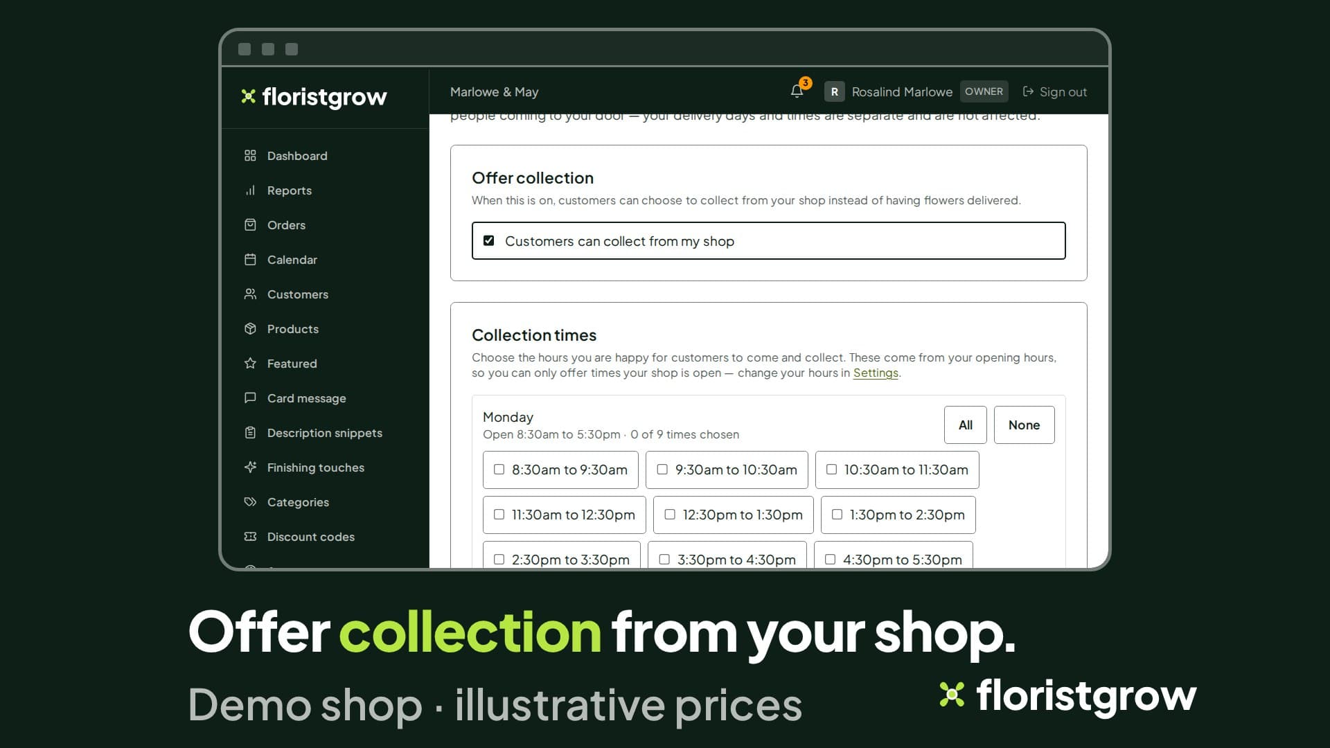 The Collection page in the portal, with the option Customers can collect from my shop ticked and collection times to choose from.
