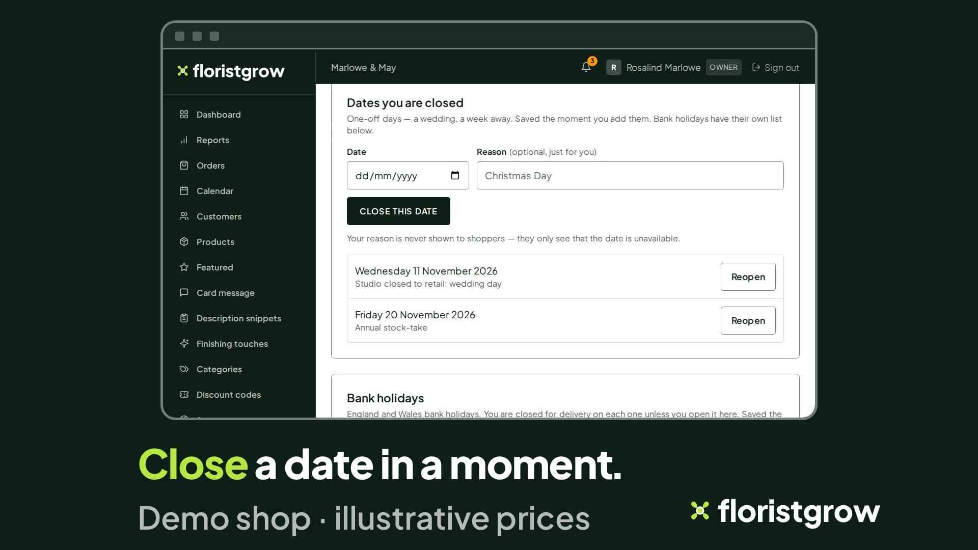 The Operations page in the portal showing the Dates you are closed form, with a date, a reason and a Close this date button, and two closed dates listed.