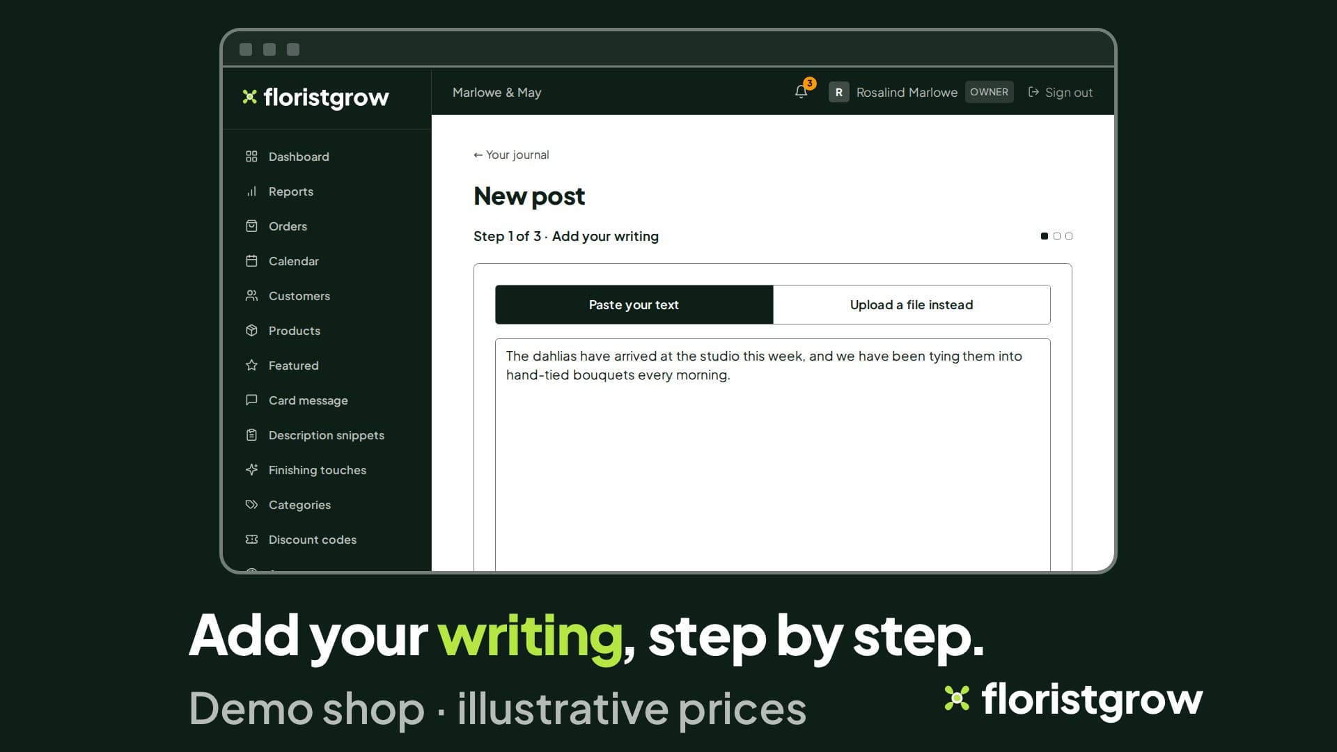 The new journal post page in the portal, step 1 of 3, Add your writing, with some text pasted in.