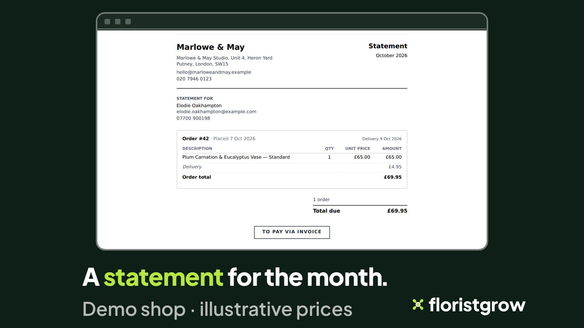 A monthly statement for one customer of Marlowe & May for October 2026, listing one order with its delivery charge and order total, and ending with the total due of £69.95.