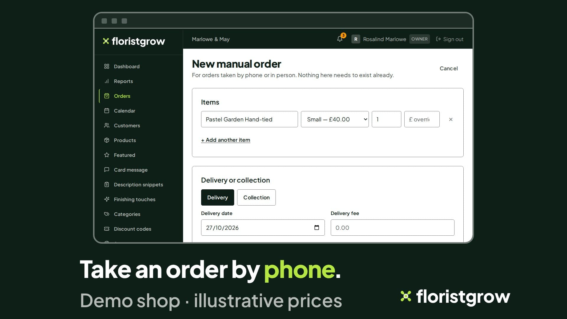 The New manual order page in the portal, with a product and size chosen, for orders taken by phone or in person.